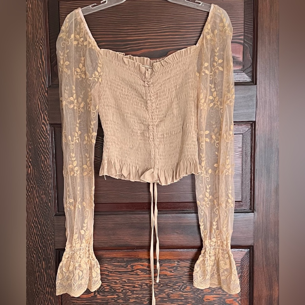 SHEIN Off Shoulder Embroidered Mesh Sleeve Drawstring Shirred Top